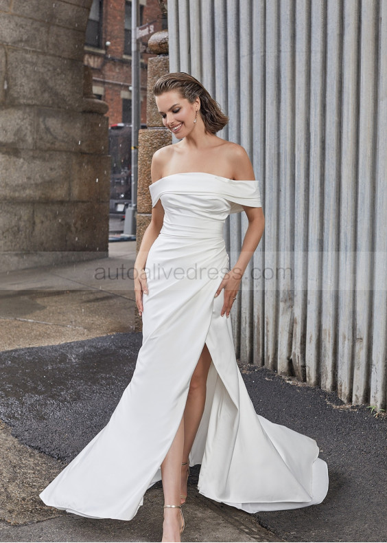 Off Shoulder Ivory Satin Slit Classic Wedding Dress
